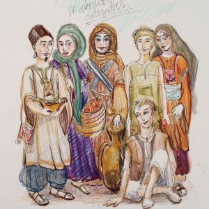 A multi-coloured sketch of market sellers in ancient Baghdad