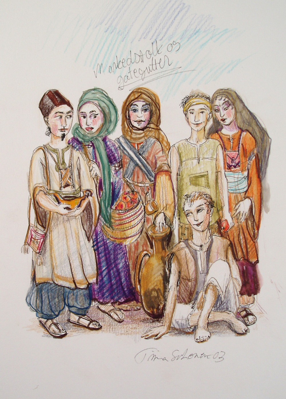 En flerfarget skisse av markedsselgere i antikkens Bagdad