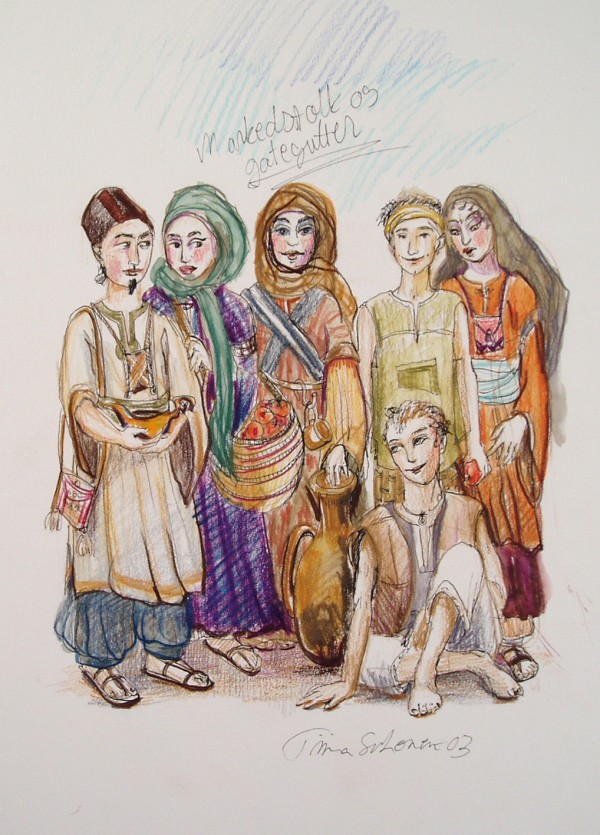 A multi-coloured sketch of market sellers in ancient Baghdad