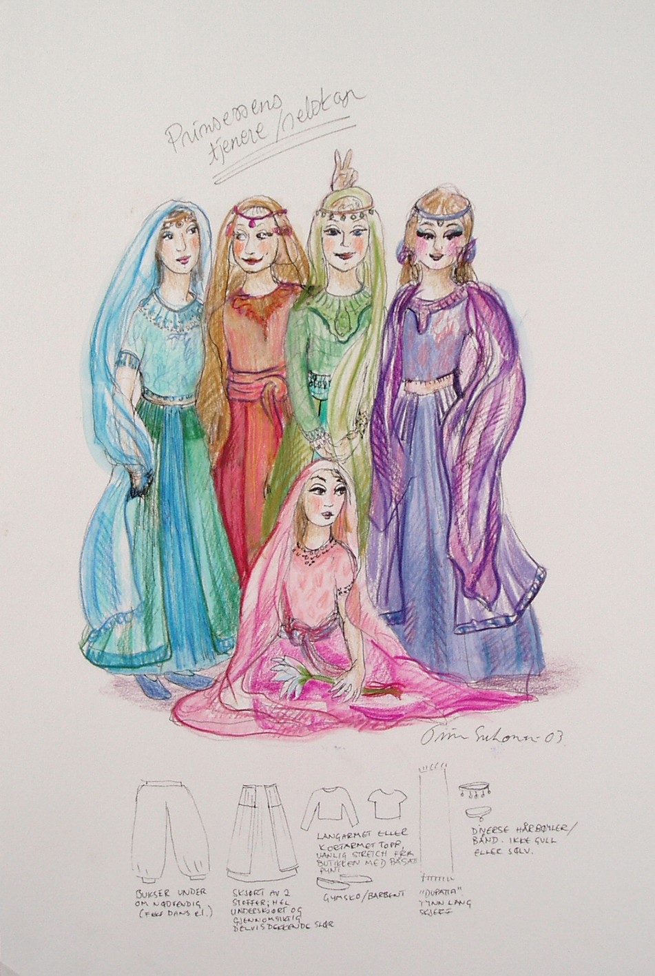 A multi-coloured sketch of the princess´ servants in Baghdad
