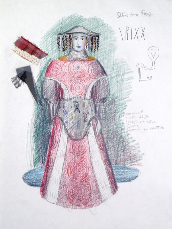 A sketch of the Frigg costume including a long red and white dress with a broad belt and hat