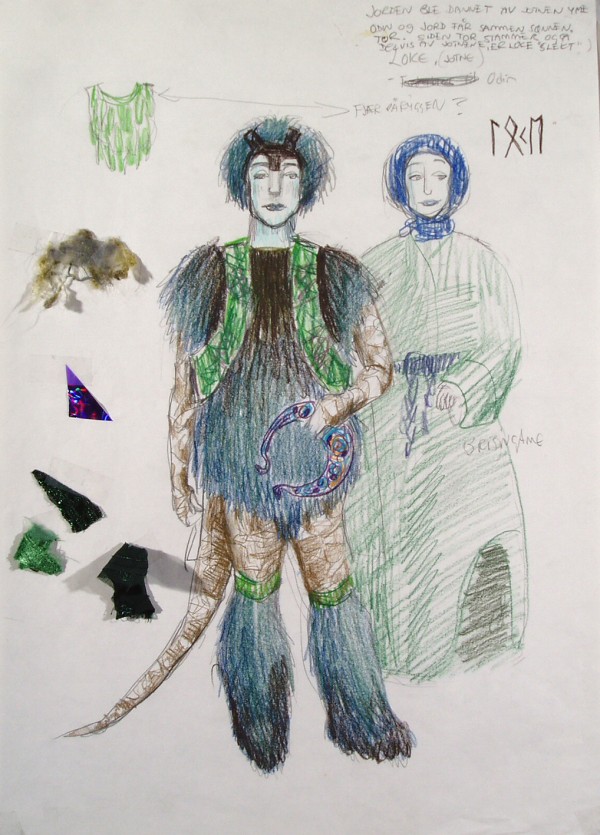 Et blått og grønt kostyme med pels og glitter til karakteren Loke