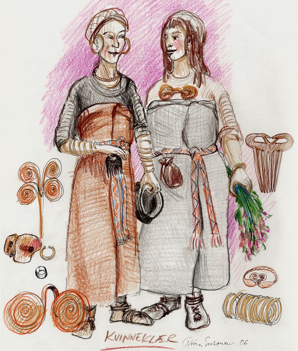 Two women wearing Bronze Age costumes and bronze jewelry