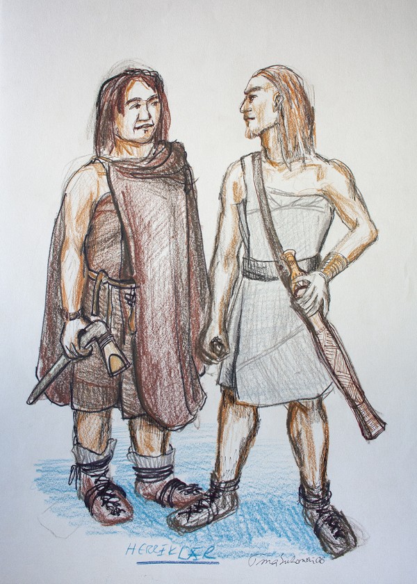 Two men wearing Bronze Age hunter costumes with capes and shoes. One man is equipped with a sword and the other one is equipped with an axe.