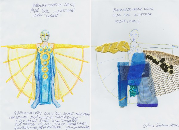 En skisse til en drakt for karakteren Moder Sol; blå kjole, gul kappe og sirkeldetaljer