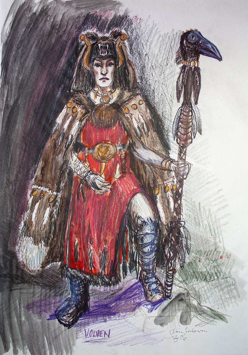 En skisse av et Volven-kostyme inkludert en rød kjole, pelskappe og en stav med et kråkehode