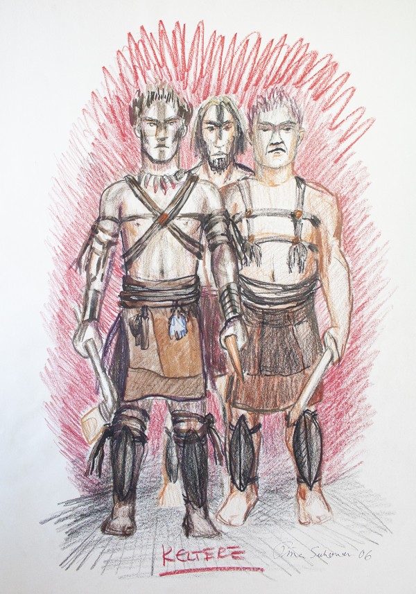 Three men wearing Bronze Age Celtic fighter costumes with leather straps and shin protectors. The men are equipped with axes.