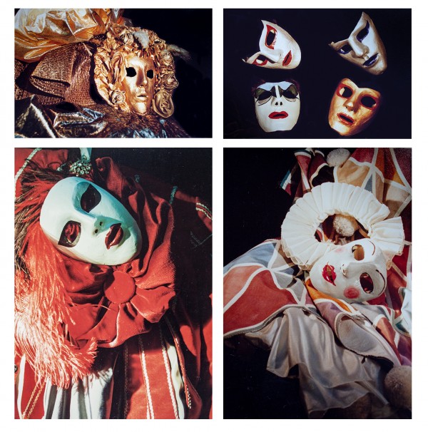 En fotokollasje av karnevalmasker i rødt, hvitt og gull