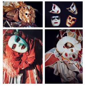 A photo collage of carnival masks in red, white and gold