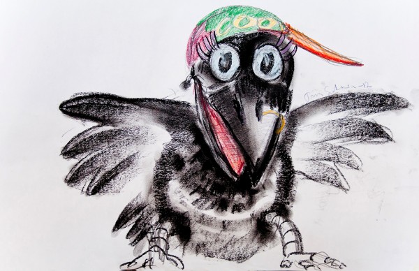 Sketch of a crow puppet with a multi-coloured cap