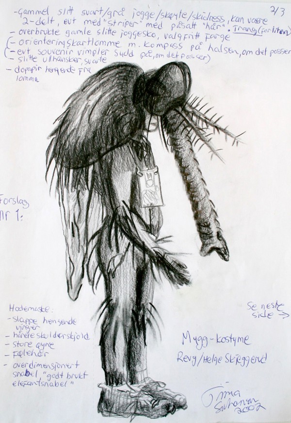 A sketch of the mosquito-costume in black and white